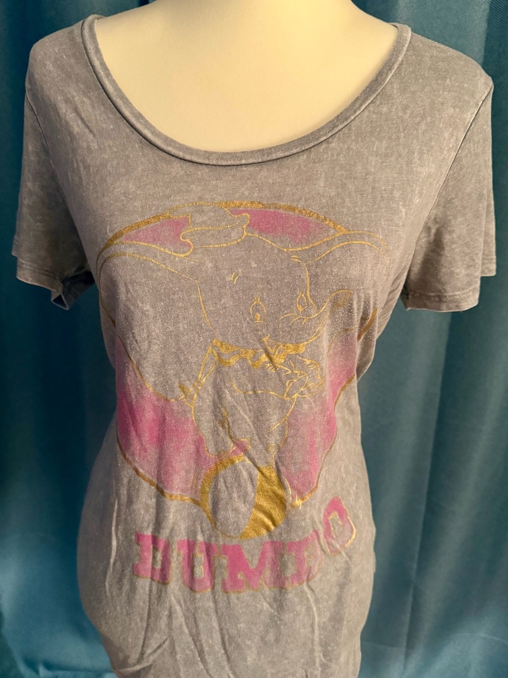 Disney Gray Vintage Style Dumbo Scoop Neck Tee with Pink and Gold Accents